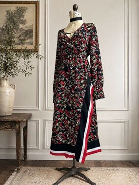 DEX Black Floral Midi Wrap Dress with Striped Trim – Romantic Boho Style. Sz. XS